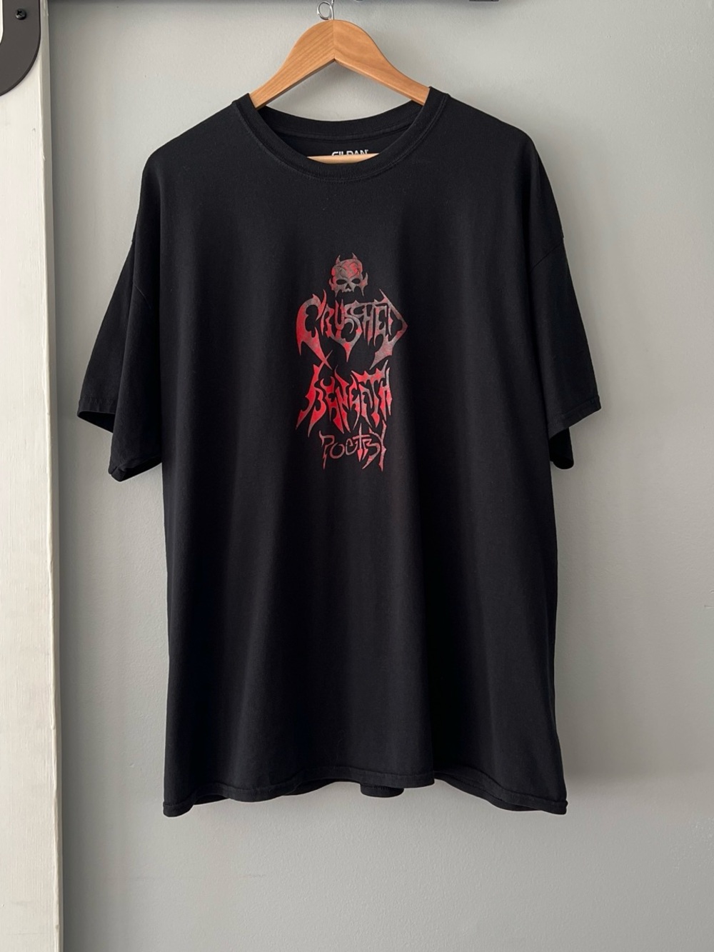 Gildan Black Short-Sleeve Tee with Red Skull Crushed Beneath Poetry Graphic
